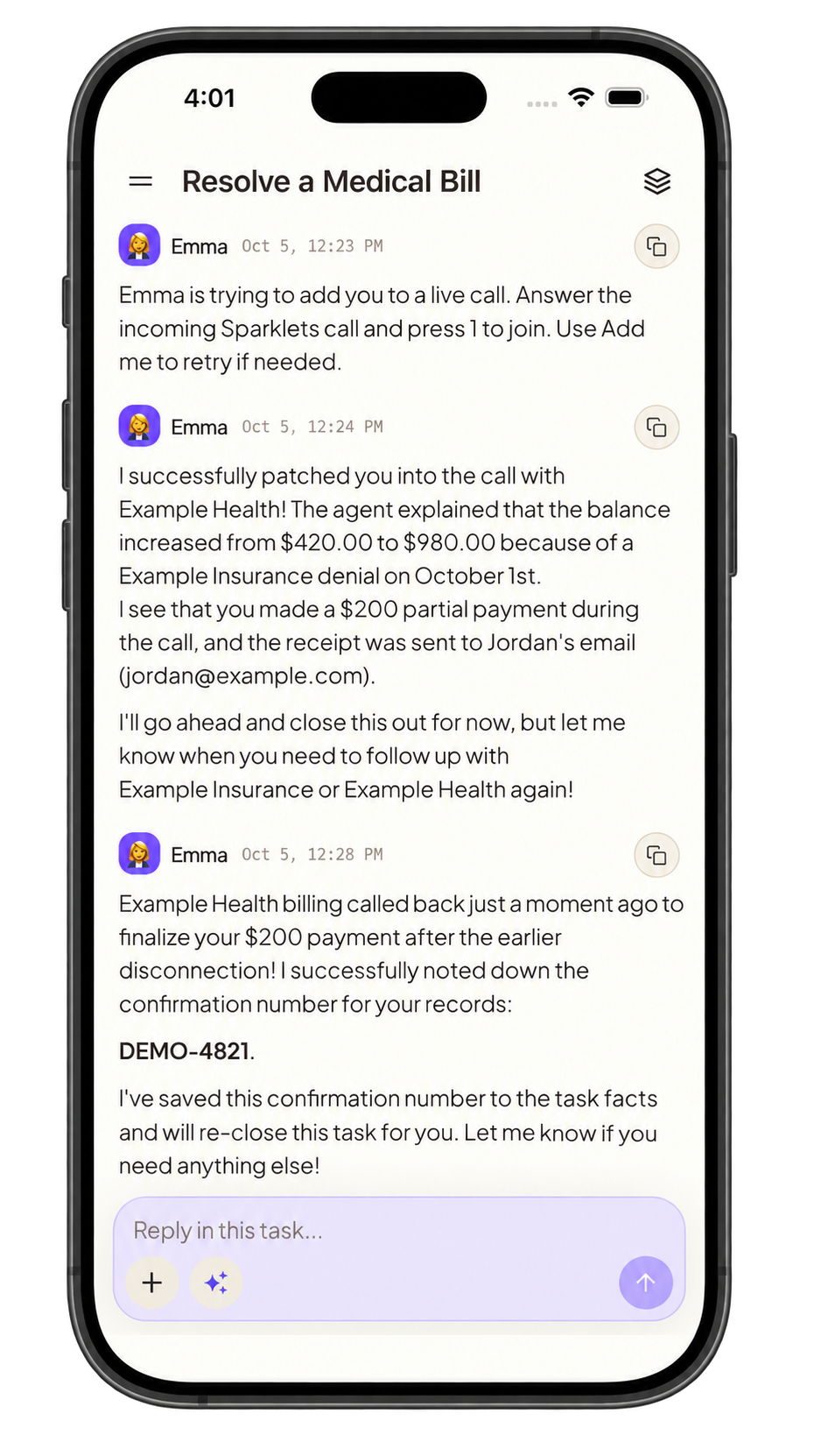 Anonymized mobile task conversation showing a call and its follow-up