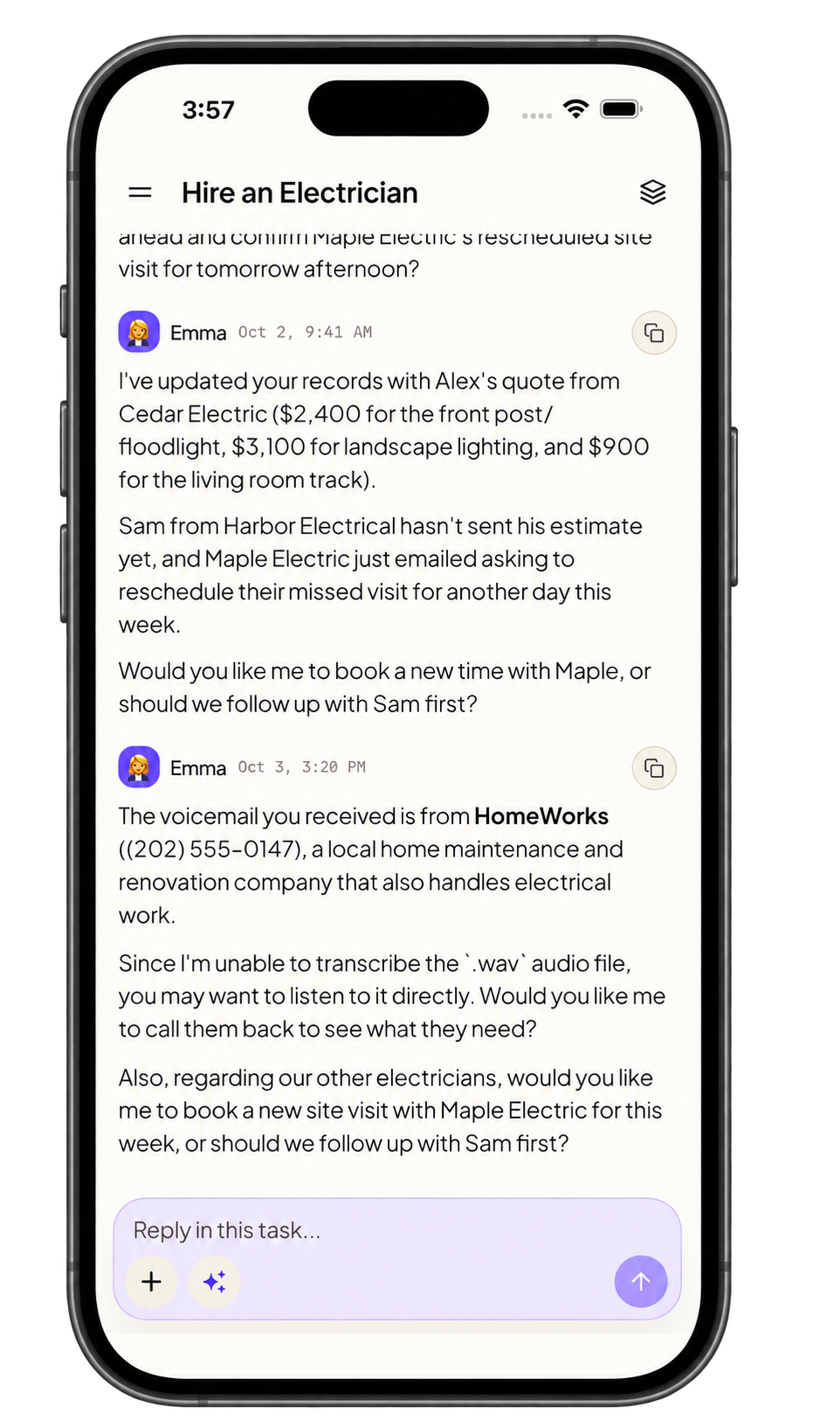 The electrician task thread on iPhone, keeping quotes, changed visits, and follow-ups together; names and amounts edited