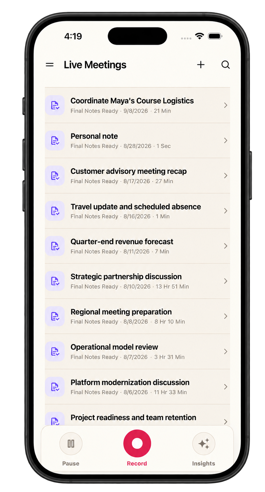 Anonymized Live Meetings library on iPhone