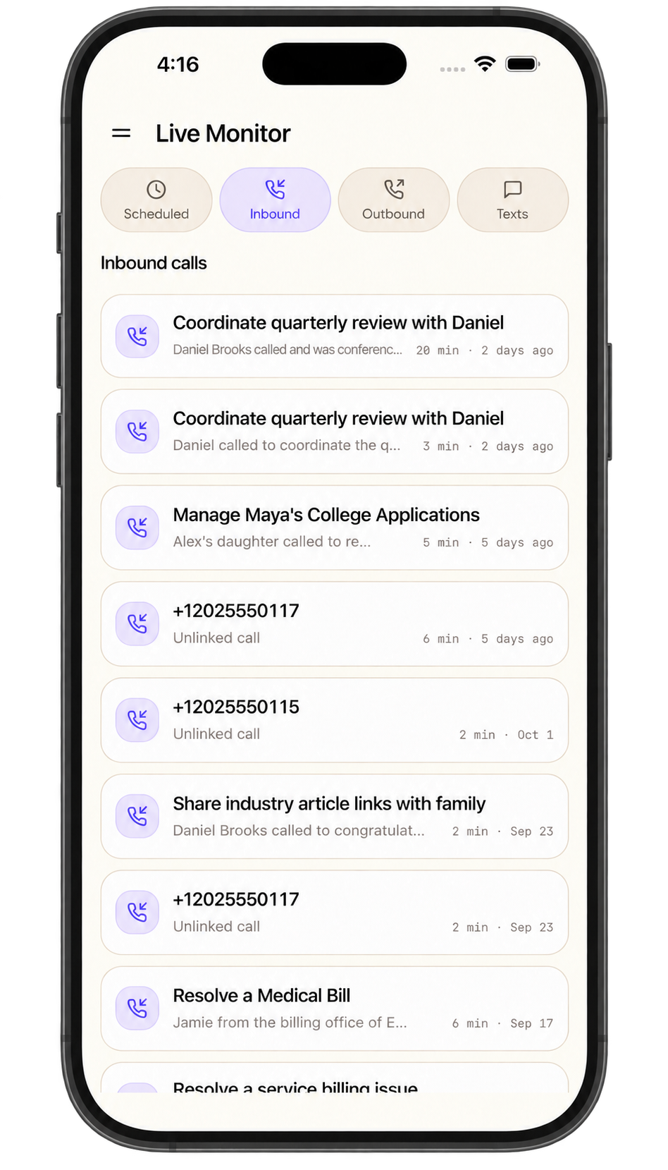Live Monitor inbound call history, with fictional names and numbers