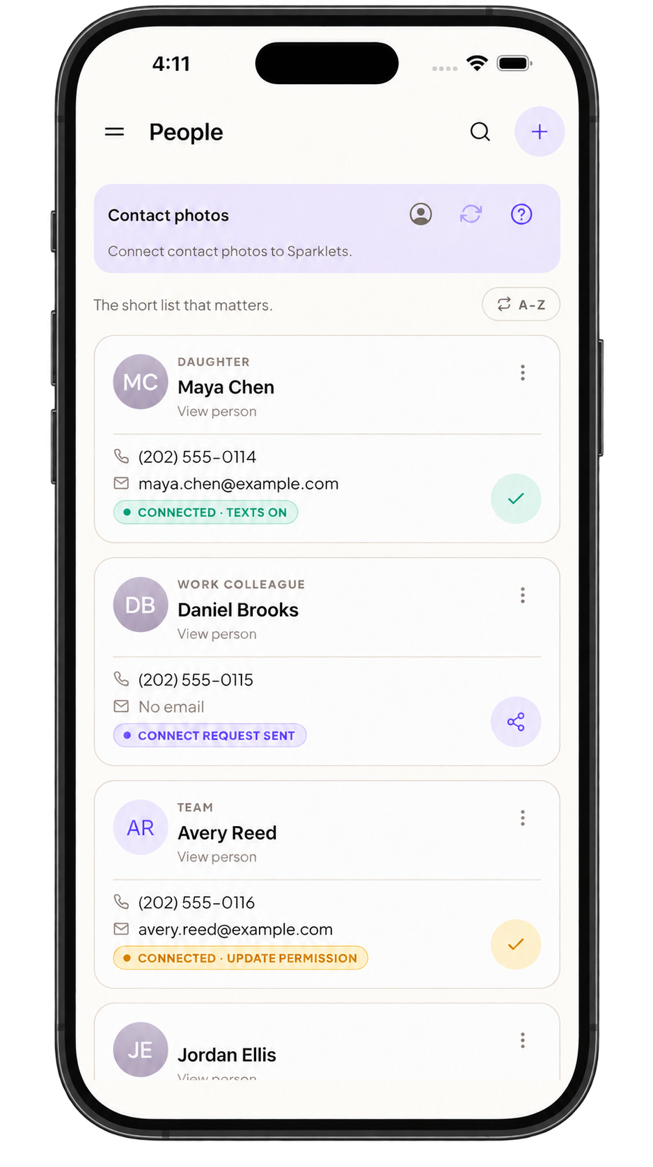 People screen with fictional contacts and their connection permissions