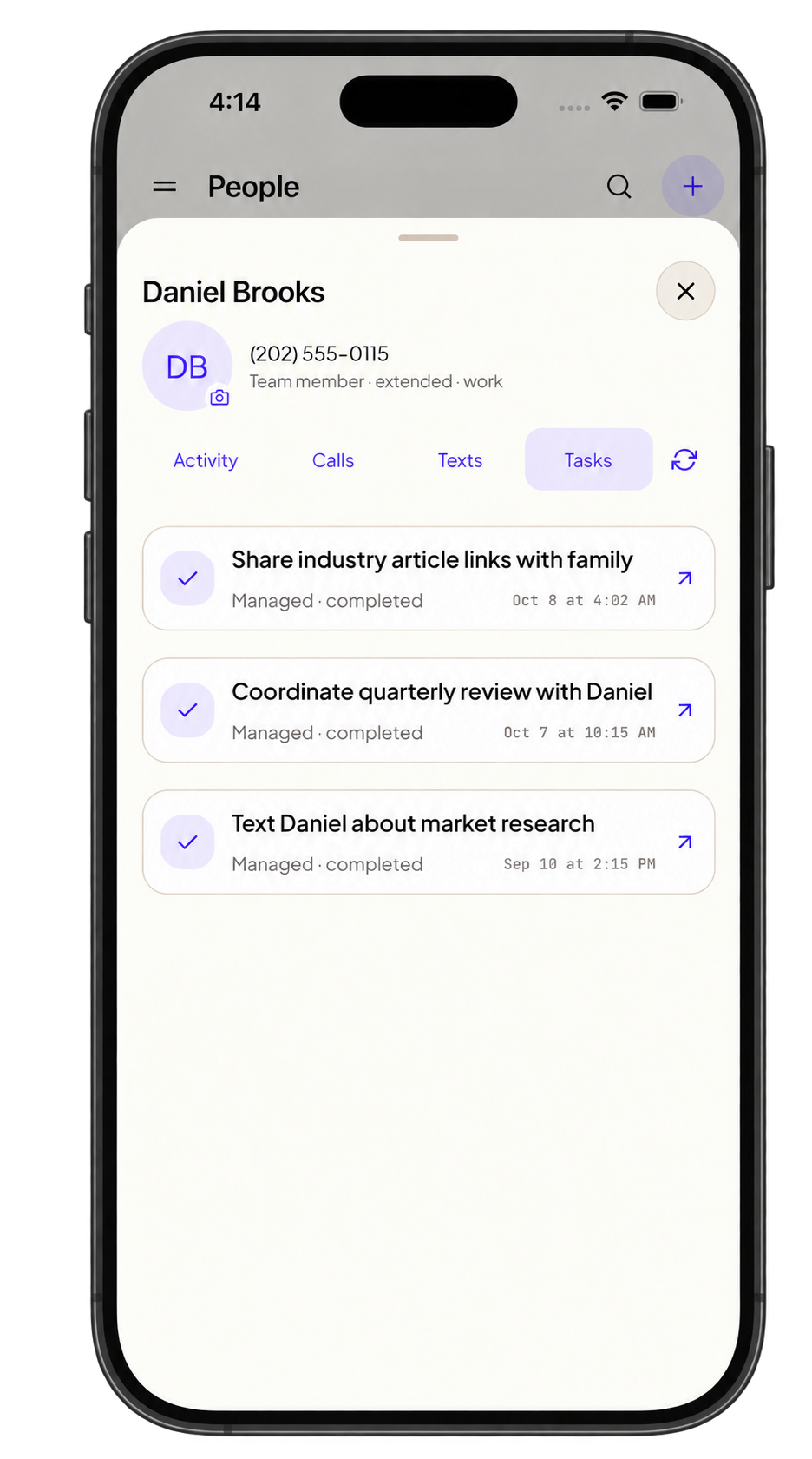 Fictional colleague Daniel Brooks and completed shared tasks